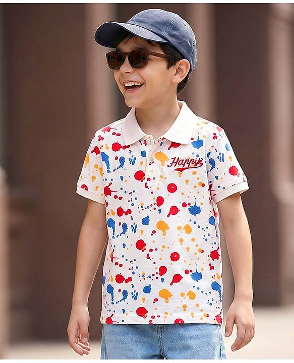 Pine Kids Cotton Knit Half Sleeves Polo T-Shirt With Holi Print - White