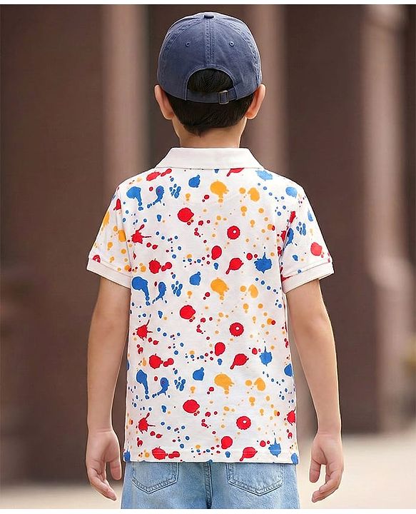 Pine Kids Cotton Knit Half Sleeves Polo T-Shirt With Holi Print - White