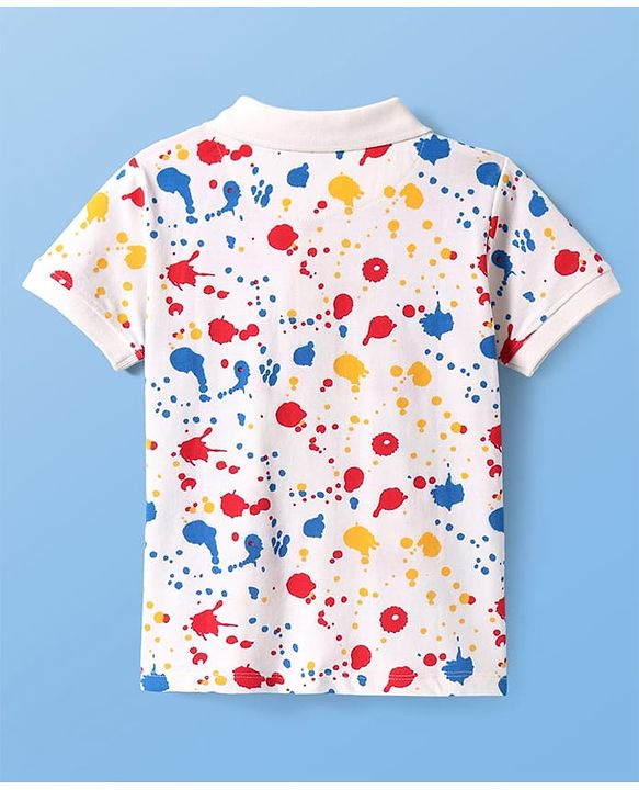 Pine Kids Cotton Knit Half Sleeves Polo T-Shirt With Holi Print - White