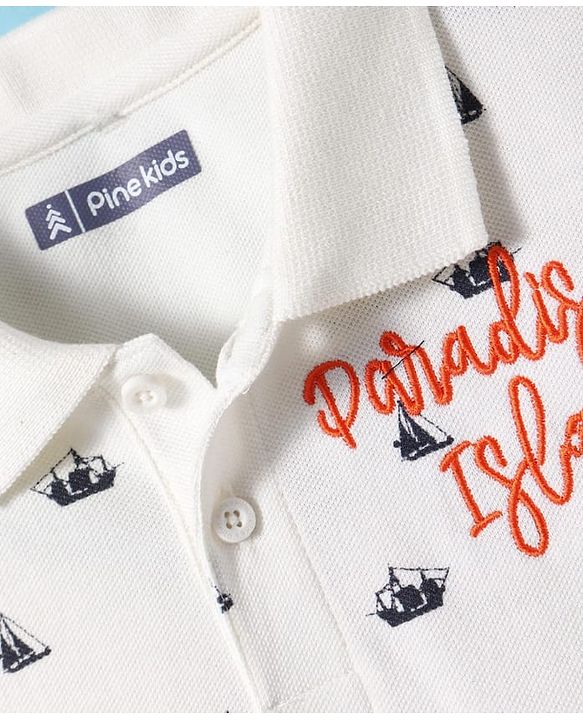 Pine Kids Cotton Knit Half Sleeves Nautical Theme Printed Polo T-Shirt with Text Embroidery Detailing - White