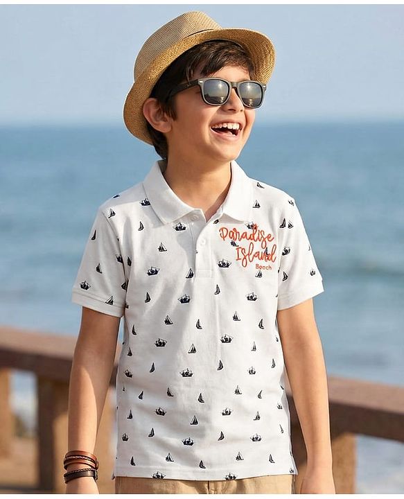 Pine Kids Cotton Knit Half Sleeves Nautical Theme Printed Polo T-Shirt with Text Embroidery Detailing - White