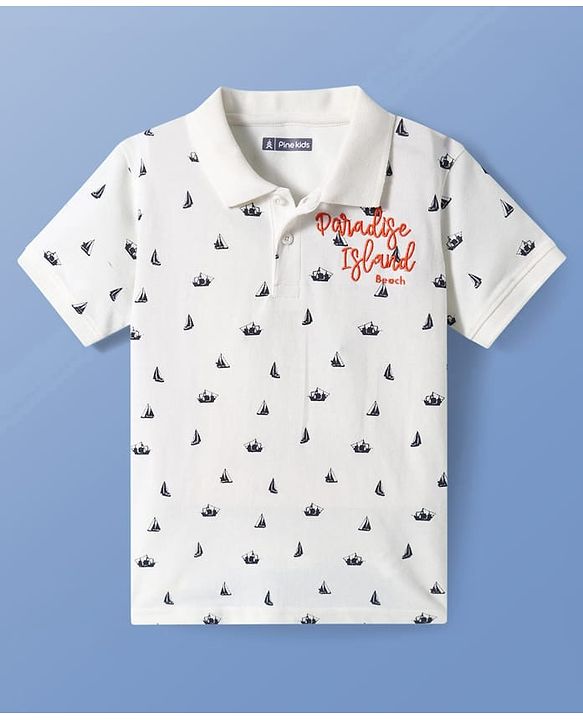 Pine Kids Cotton Knit Half Sleeves Nautical Theme Printed Polo T-Shirt with Text Embroidery Detailing - White