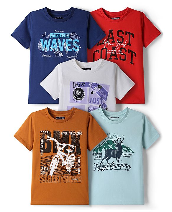 Pine Kids Cotton Knit Half Sleeves Printed T-Shirts Pack of 5 - Multicolor