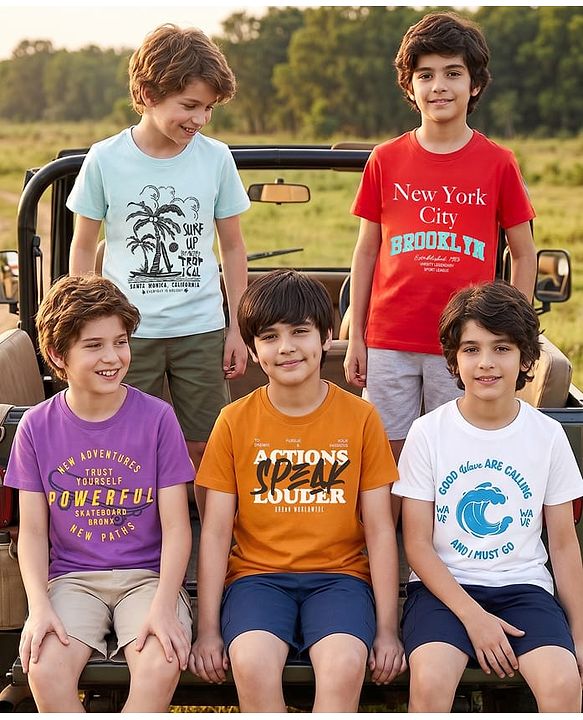 Pine Kids Cotton Knit T-Shirts Short Sleeves Round Neck Graphic Multi Colors 5-6 Years Pack of 5