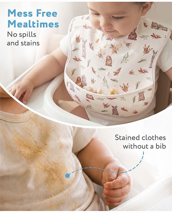 Babyhug Waterproof PU Sleeveless Feeding Bibs Pack of 2 - Bunny & Whale Print| Crumb Catcher Pocket| Easy Wipe Clean| Easy Velcro Closure| Weaning & Feeding Bibs| 0+ Months
