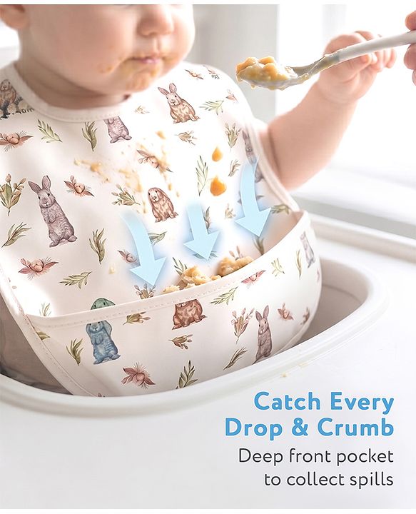 Babyhug Waterproof PU Sleeveless Feeding Bibs Pack of 2 - Bunny & Whale Print| Crumb Catcher Pocket| Easy Wipe Clean| Easy Velcro Closure| Weaning & Feeding Bibs| 0+ Months