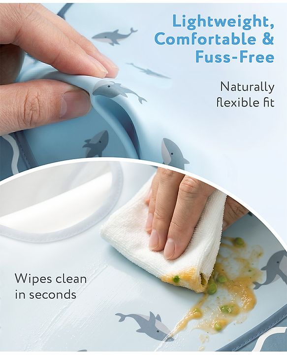 Babyhug Waterproof PU Sleeveless Feeding Bibs Pack of 2 - Bunny & Whale Print| Crumb Catcher Pocket| Easy Wipe Clean| Easy Velcro Closure| Weaning & Feeding Bibs| 0+ Months