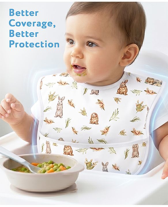 Babyhug Waterproof PU Sleeveless Feeding Bibs Pack of 2 - Bunny & Whale Print| Crumb Catcher Pocket| Easy Wipe Clean| Easy Velcro Closure| Weaning & Feeding Bibs| 0+ Months