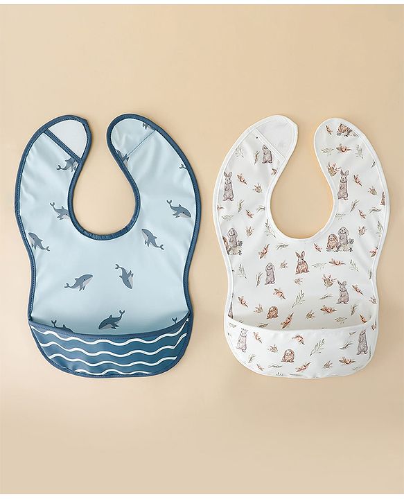 Babyhug Waterproof PU Sleeveless Feeding Bibs Pack of 2 - Bunny & Whale Print| Crumb Catcher Pocket| Easy Wipe Clean| Easy Velcro Closure| Weaning & Feeding Bibs| 0+ Months