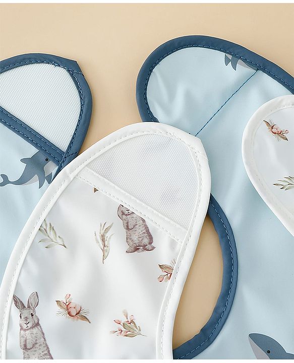 Babyhug Waterproof PU Sleeveless Feeding Bibs Pack of 2 - Bunny & Whale Print| Crumb Catcher Pocket| Easy Wipe Clean| Easy Velcro Closure| Weaning & Feeding Bibs| 0+ Months