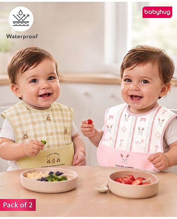 Babyhug Waterproof PU Sleeveless Feeding Bibs Pack of 2 - Bunny & Whale Print| Crumb Catcher Pocket| Easy Wipe Clean| Easy Velcro Closure| Weaning & Feeding Bibs| 0+ Months