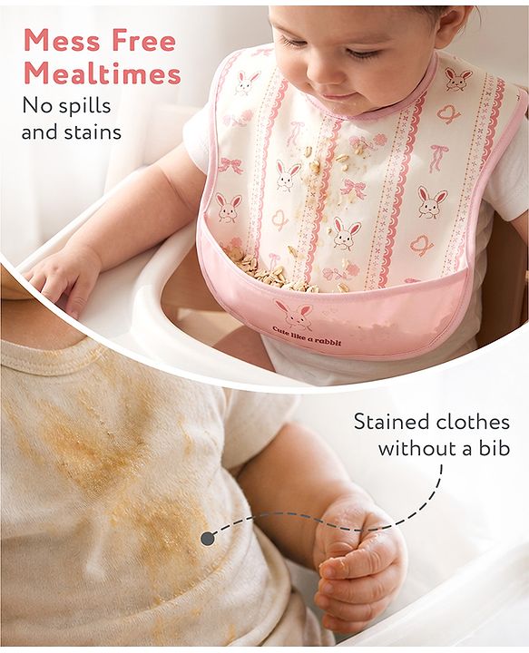 Babyhug Waterproof PU Sleeveless Feeding Bibs Pack of 2 - Bunny & Whale Print| Crumb Catcher Pocket| Easy Wipe Clean| Easy Velcro Closure| Weaning & Feeding Bibs| 0+ Months