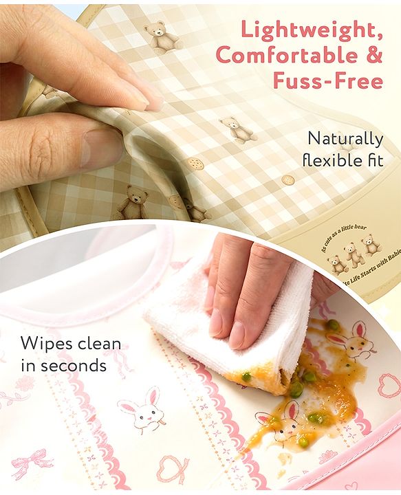 Babyhug Waterproof PU Sleeveless Feeding Bibs Pack of 2 - Bunny & Whale Print| Crumb Catcher Pocket| Easy Wipe Clean| Easy Velcro Closure| Weaning & Feeding Bibs| 0+ Months