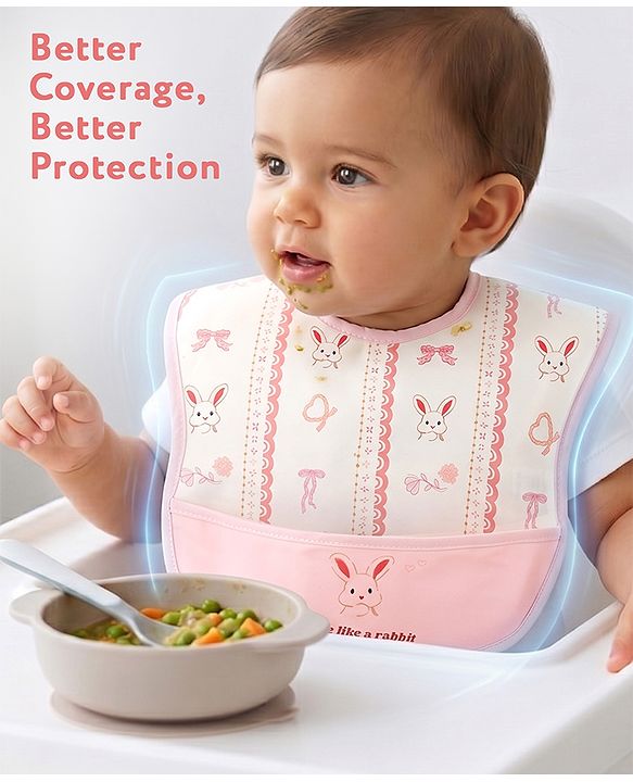 Babyhug Waterproof PU Sleeveless Feeding Bibs Pack of 2 - Bunny & Whale Print| Crumb Catcher Pocket| Easy Wipe Clean| Easy Velcro Closure| Weaning & Feeding Bibs| 0+ Months