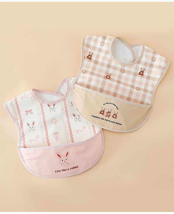 Babyhug Waterproof PU Sleeveless Feeding Bibs Pack of 2 - Bunny & Whale Print| Crumb Catcher Pocket| Easy Wipe Clean| Easy Velcro Closure| Weaning & Feeding Bibs| 0+ Months