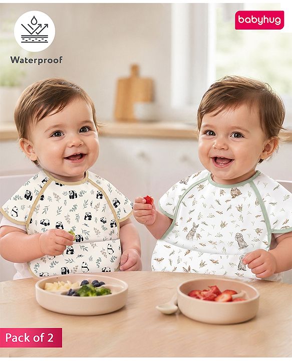 Babyhug Waterproof Polyester Half Sleeves Feeding Bibs Pack of 2 Bunny & Panda Print| Easy  Velcro Closure| Crumb Catcher Pocket| Washable & Lightweight| 0+ Months