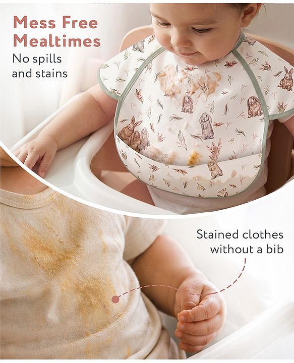 Babyhug Waterproof Polyester Half Sleeves Feeding Bibs Pack of 2 Bunny & Panda Print| Easy  Velcro Closure| Crumb Catcher Pocket| Washable & Lightweight| 0+ Months