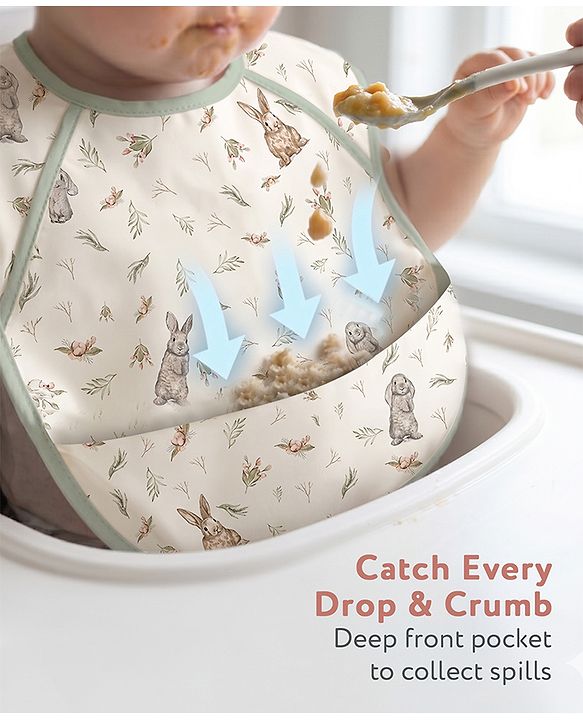 Babyhug Waterproof Polyester Half Sleeves Feeding Bibs Pack of 2 Bunny & Panda Print| Easy  Velcro Closure| Crumb Catcher Pocket| Washable & Lightweight| 0+ Months