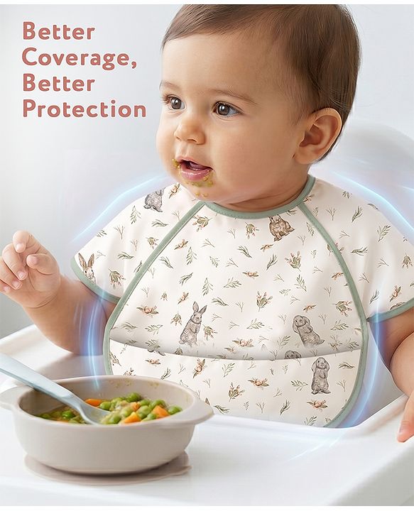 Babyhug Waterproof Polyester Half Sleeves Feeding Bibs Pack of 2 Bunny & Panda Print| Easy  Velcro Closure| Crumb Catcher Pocket| Washable & Lightweight| 0+ Months