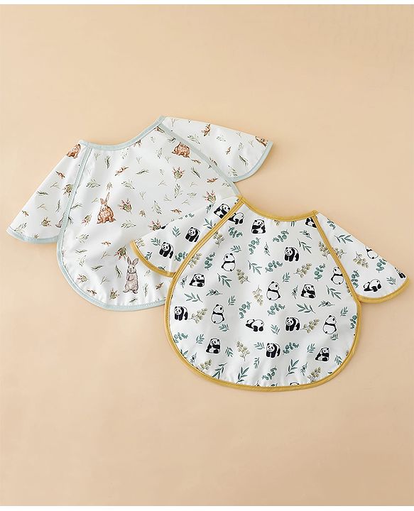 Babyhug Waterproof Polyester Half Sleeves Feeding Bibs Pack of 2 Bunny & Panda Print| Easy  Velcro Closure| Crumb Catcher Pocket| Washable & Lightweight| 0+ Months