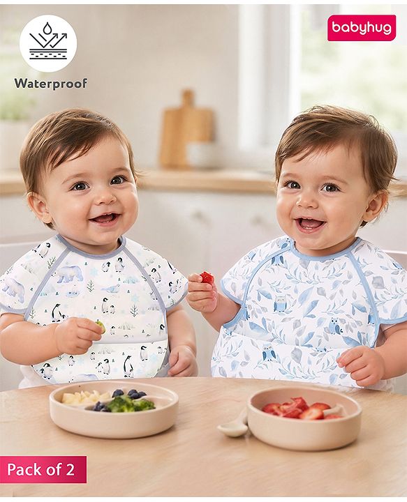 Babyhug Waterproof Polyester Half Sleeves Feeding Bibs Pack of 2 Bunny & Panda Print| Easy  Velcro Closure| Crumb Catcher Pocket| Washable & Lightweight| 0+ Months