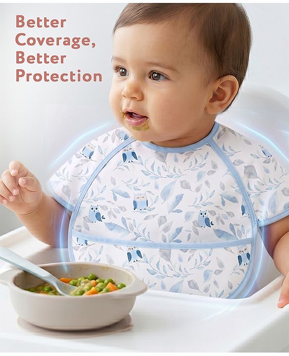 Babyhug Waterproof Polyester Half Sleeves Feeding Bibs Pack of 2 Bunny & Panda Print| Easy  Velcro Closure| Crumb Catcher Pocket| Washable & Lightweight| 0+ Months