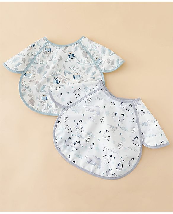 Babyhug Waterproof Polyester Half Sleeves Feeding Bibs Pack of 2 Bunny & Panda Print| Easy  Velcro Closure| Crumb Catcher Pocket| Washable & Lightweight| 0+ Months