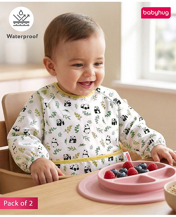 Babyhug Full Sleeve Waterproof Polyester Feeding Bib Panda Print| Long Sleeves| Crumb Catcher Pocket| Easy Velcro Closure| Mess-Free Feeding| 0+ Months