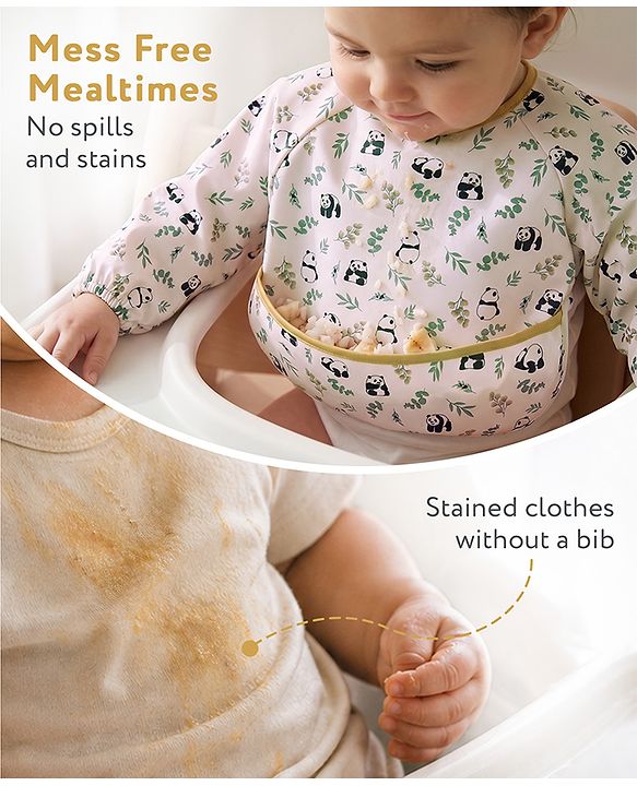 Babyhug Full Sleeve Waterproof Polyester Feeding Bib Panda Print| Long Sleeves| Crumb Catcher Pocket| Easy Velcro Closure| Mess-Free Feeding| 0+ Months