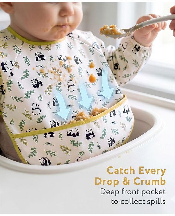 Babyhug Full Sleeve Waterproof Polyester Feeding Bib Panda Print| Long Sleeves| Crumb Catcher Pocket| Easy Velcro Closure| Mess-Free Feeding| 0+ Months