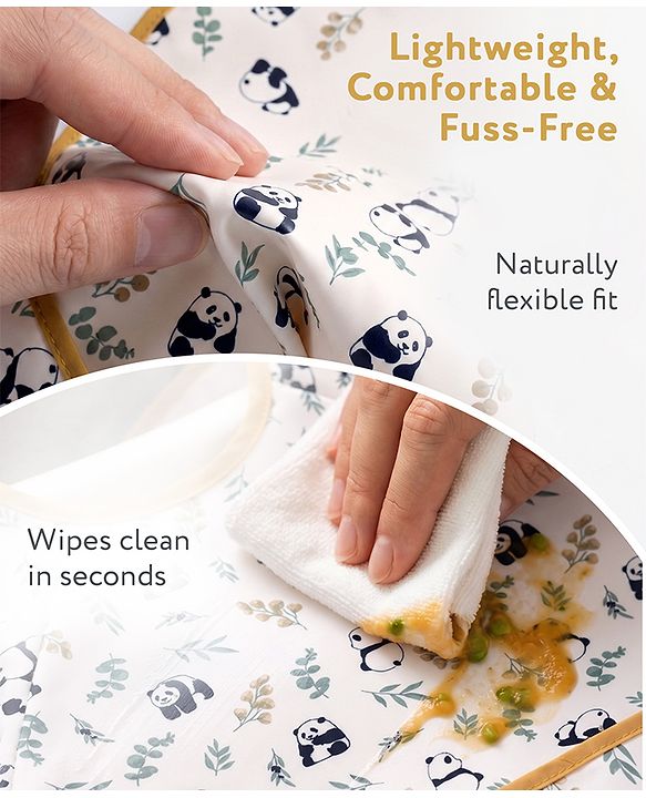 Babyhug Full Sleeve Waterproof Polyester Feeding Bib Panda Print| Long Sleeves| Crumb Catcher Pocket| Easy Velcro Closure| Mess-Free Feeding| 0+ Months