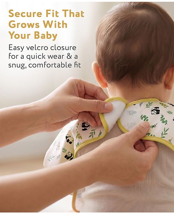 Babyhug Full Sleeve Waterproof Polyester Feeding Bib Panda Print| Long Sleeves| Crumb Catcher Pocket| Easy Velcro Closure| Mess-Free Feeding| 0+ Months