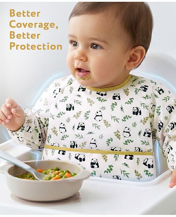 Babyhug Full Sleeve Waterproof Polyester Feeding Bib Panda Print| Long Sleeves| Crumb Catcher Pocket| Easy Velcro Closure| Mess-Free Feeding| 0+ Months