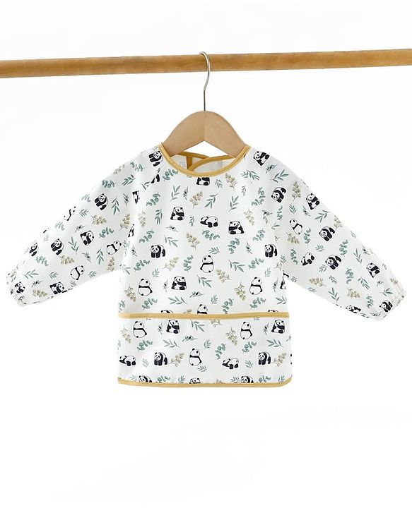 Babyhug Full Sleeve Waterproof Polyester Feeding Bib Panda Print| Long Sleeves| Crumb Catcher Pocket| Easy Velcro Closure| Mess-Free Feeding| 0+ Months