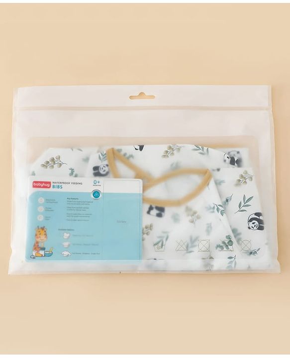 Babyhug Full Sleeve Waterproof Polyester Feeding Bib Panda Print| Long Sleeves| Crumb Catcher Pocket| Easy Velcro Closure| Mess-Free Feeding| 0+ Months