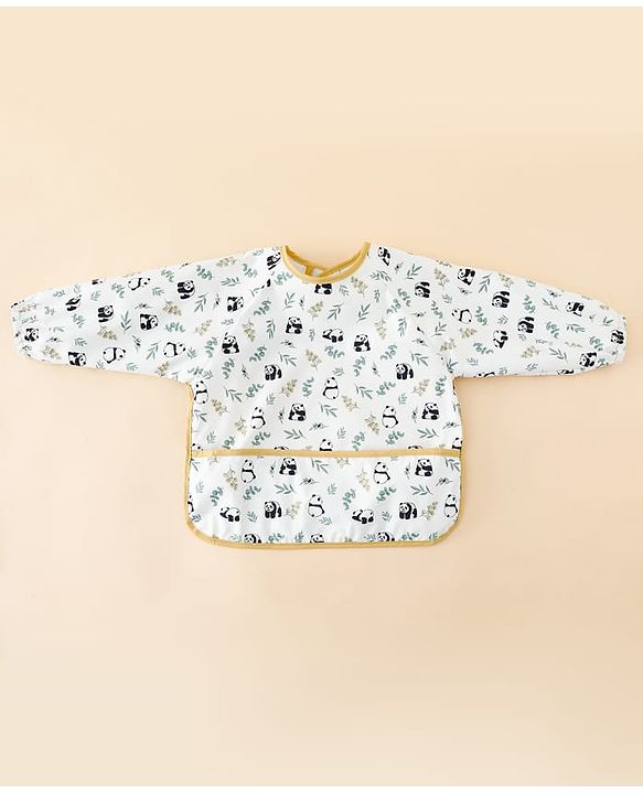 Babyhug Full Sleeve Waterproof Polyester Feeding Bib Panda Print| Long Sleeves| Crumb Catcher Pocket| Easy Velcro Closure| Mess-Free Feeding| 0+ Months