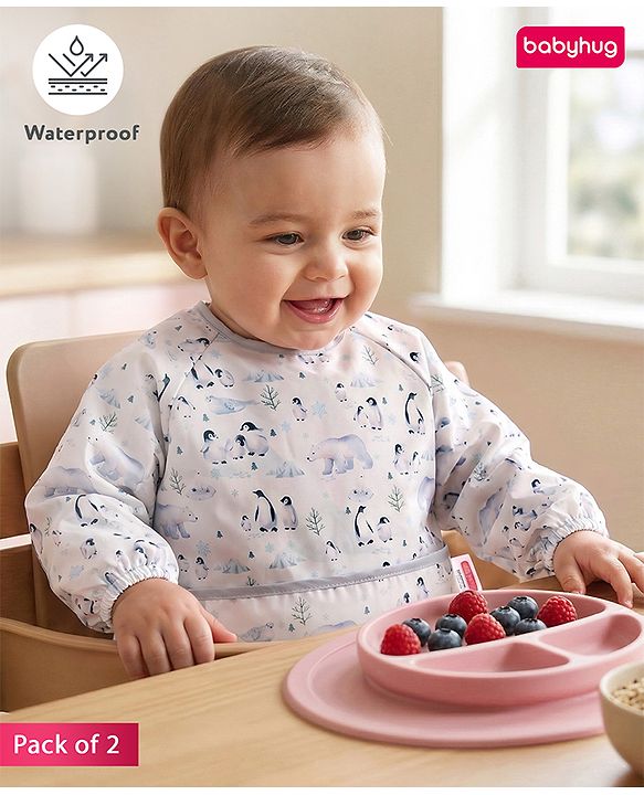 Babyhug Full Sleeve Waterproof Polyester Feeding Bib Panda Print| Long Sleeves| Crumb Catcher Pocket| Easy Velcro Closure| Mess-Free Feeding| 0+ Months