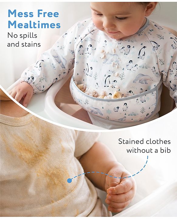 Babyhug Full Sleeve Waterproof Polyester Feeding Bib Panda Print| Long Sleeves| Crumb Catcher Pocket| Easy Velcro Closure| Mess-Free Feeding| 0+ Months