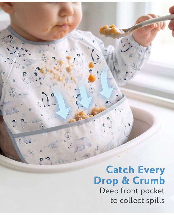 Babyhug Full Sleeve Waterproof Polyester Feeding Bib Panda Print| Long Sleeves| Crumb Catcher Pocket| Easy Velcro Closure| Mess-Free Feeding| 0+ Months