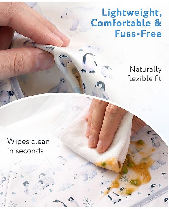 Babyhug Full Sleeve Waterproof Polyester Feeding Bib Panda Print| Long Sleeves| Crumb Catcher Pocket| Easy Velcro Closure| Mess-Free Feeding| 0+ Months