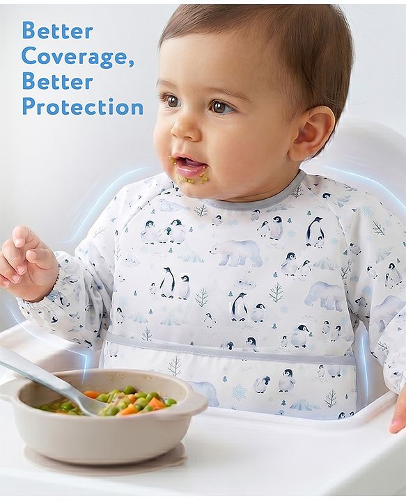 Babyhug Full Sleeve Waterproof Polyester Feeding Bib Panda Print| Long Sleeves| Crumb Catcher Pocket| Easy Velcro Closure| Mess-Free Feeding| 0+ Months
