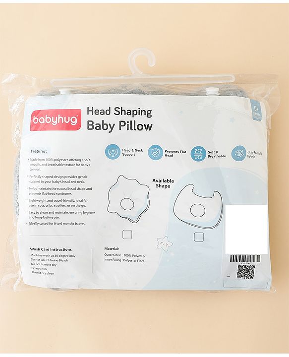 Babyhug Star Shaped Head Shaping Baby Pillow - Grey| Prevents Flat Head Syndrome| Soft & Breathable| Neck & Shoulder Support Pillow| Lightweight & Travel Friendly| 0-6 Months| New Born Gifting Option