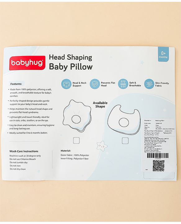 Babyhug Star Shaped Head Shaping Baby Pillow - Grey| Prevents Flat Head Syndrome| Soft & Breathable| Neck & Shoulder Support Pillow| Lightweight & Travel Friendly| 0-6 Months| New Born Gifting Option