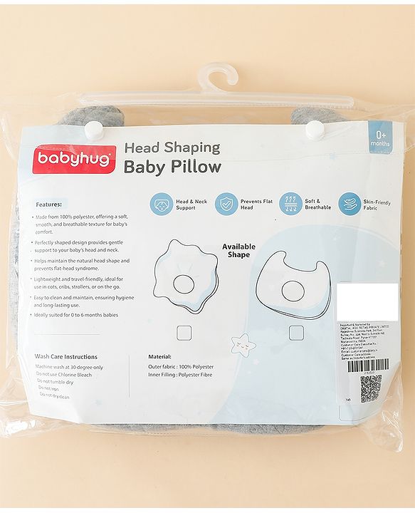Babyhug Head Shaping Baby Pillow - Grey| Prevents Flat Head Syndrome| Soft & Breathable| Neck & Shoulder Support Pillow| Lightweight & Travel Friendly| 0-6 Months| New Born Gifting Option