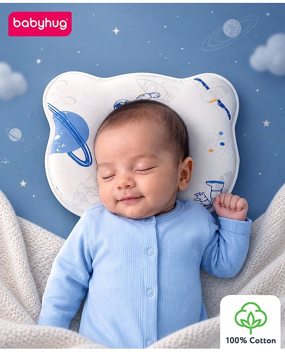 Babyhug Bear Shaped Baby Head Support Pillow Space Print| Prevents Flat Head| Cotton Pillow for Newborn| Soft Breathable Cotton Cover| Ergonomic Head Support| Lightweight Travel Friendly| Memory Foam