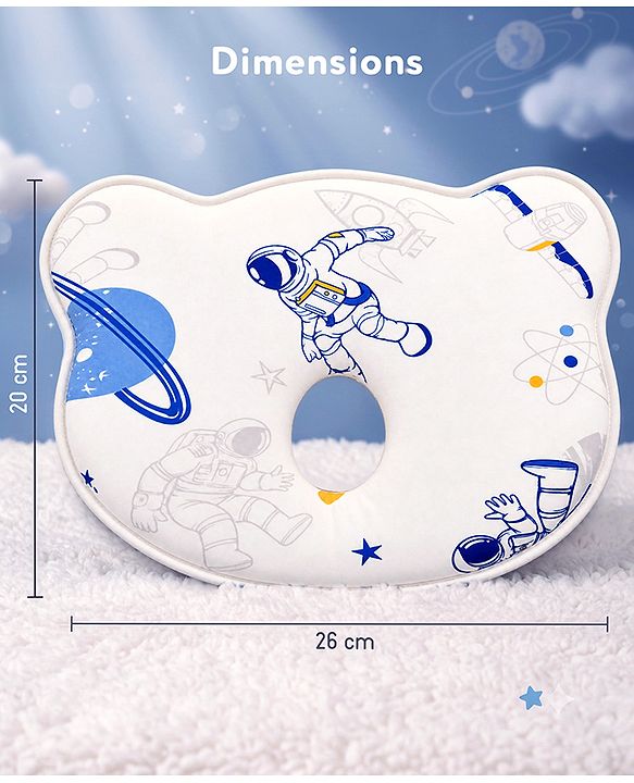 Babyhug Bear Shaped Baby Head Support Pillow Space Print| Prevents Flat Head| Cotton Pillow for Newborn| Soft Breathable Cotton Cover| Ergonomic Head Support| Lightweight Travel Friendly| Memory Foam