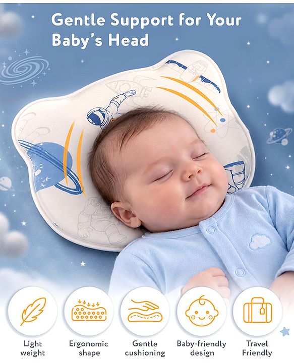 Babyhug Bear Shaped Baby Head Support Pillow Space Print| Prevents Flat Head| Cotton Pillow for Newborn| Soft Breathable Cotton Cover| Ergonomic Head Support| Lightweight Travel Friendly| Memory Foam