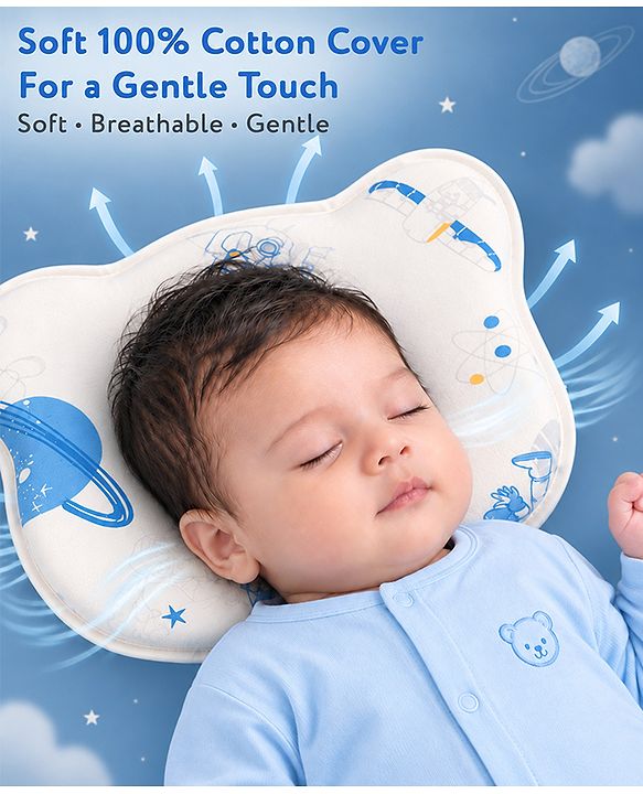 Babyhug Bear Shaped Baby Head Support Pillow Space Print| Prevents Flat Head| Cotton Pillow for Newborn| Soft Breathable Cotton Cover| Ergonomic Head Support| Lightweight Travel Friendly| Memory Foam