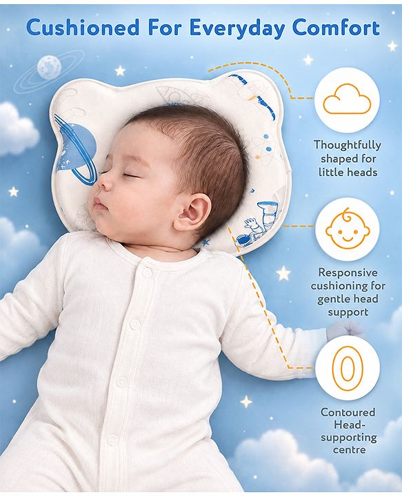 Babyhug Bear Shaped Baby Head Support Pillow Space Print| Prevents Flat Head| Cotton Pillow for Newborn| Soft Breathable Cotton Cover| Ergonomic Head Support| Lightweight Travel Friendly| Memory Foam