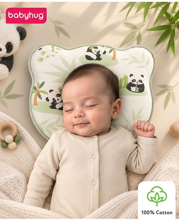 Babyhug Bear Shaped Baby Head Support Pillow Space Print| Prevents Flat Head| Cotton Pillow for Newborn| Soft Breathable Cotton Cover| Ergonomic Head Support| Lightweight Travel Friendly| Memory Foam